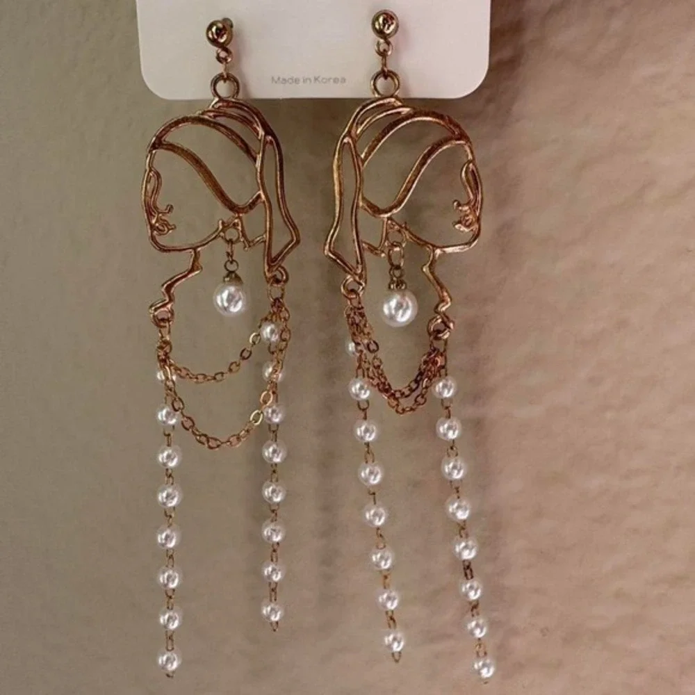 Gold Face Outline Pearl Drop Earrings Inspired by 